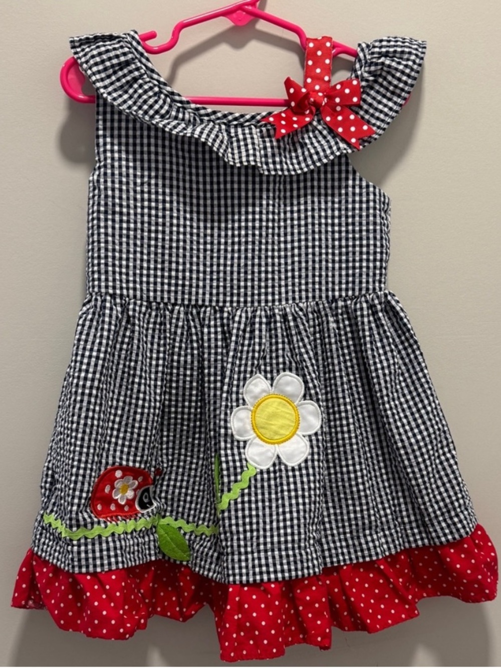 Rare Editions Black Gingham Dress with Red Polka Dot Trim and Floral Appliqué